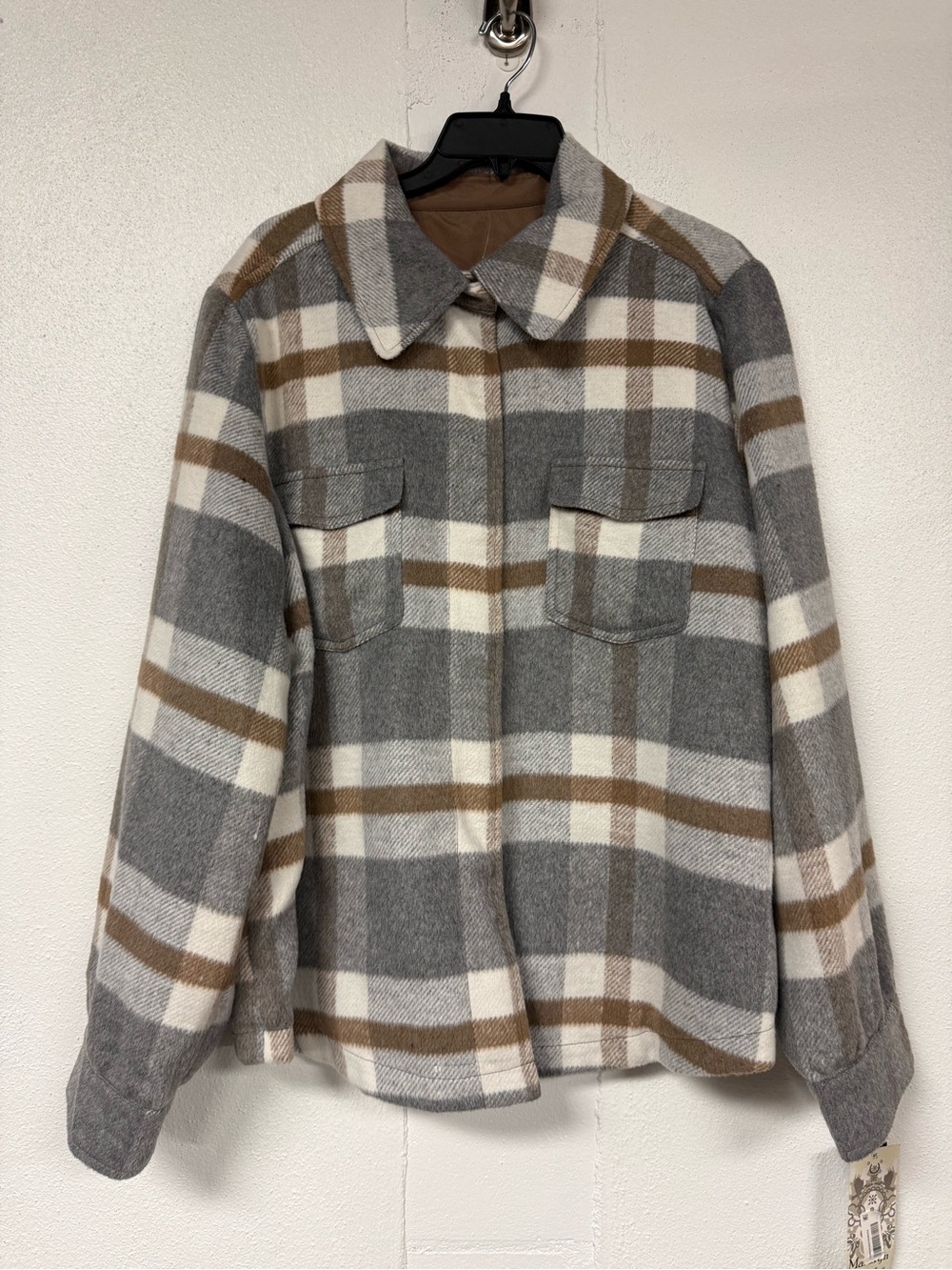 Maralyn & Me Gray, White & Brown Plaid Utility Shacket